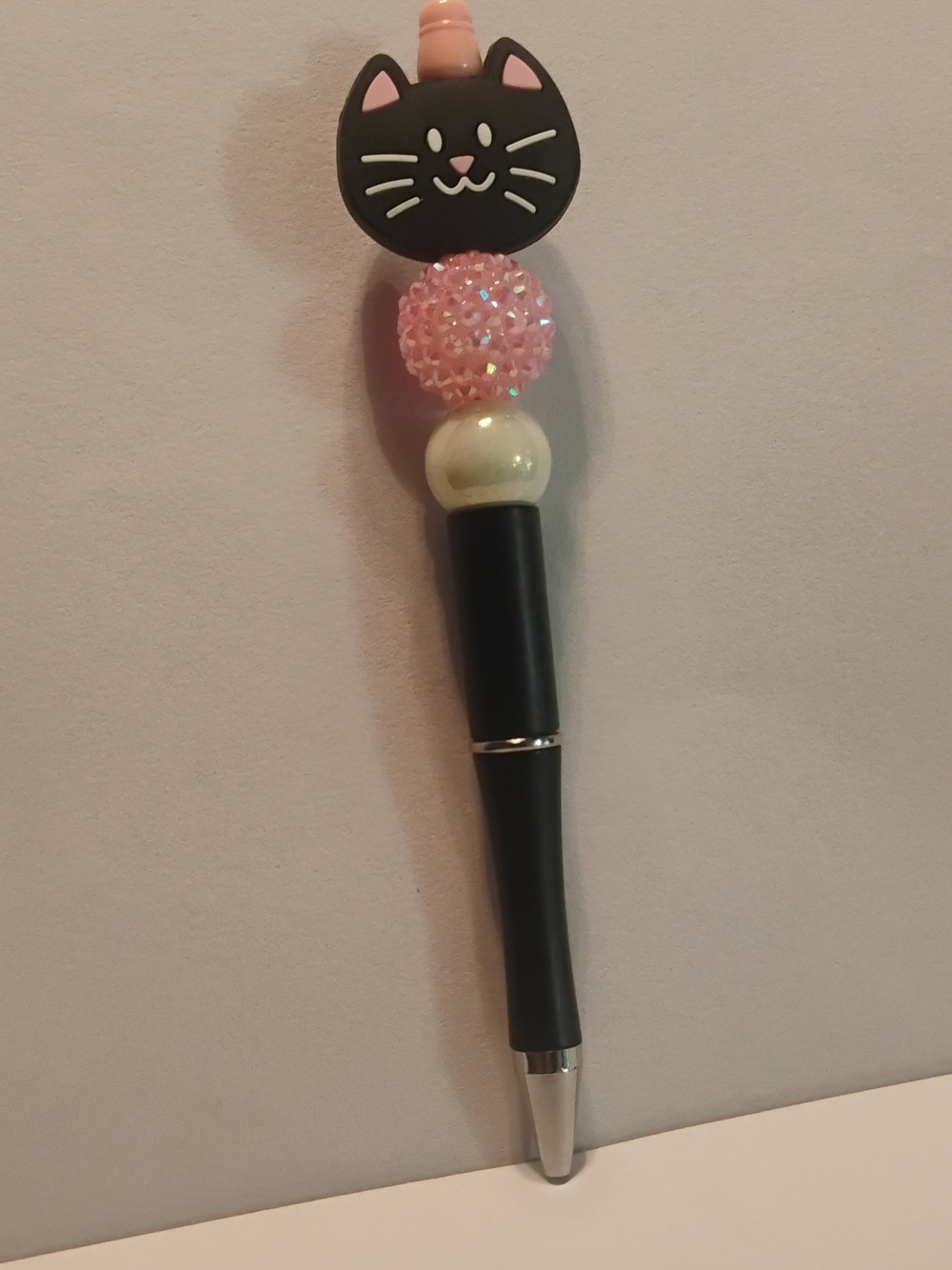 Hand-Crafted Cute Black Cat Top Pen with Pink and Pearl Accents NWT